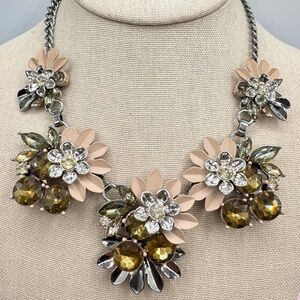 Floral Rhinestone Cluster Bib Necklace Pink Green Silver Tone Event Occasion